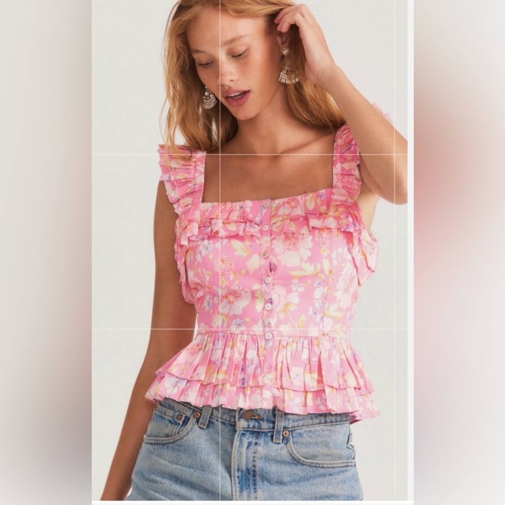 LoveShackFancy‎ Tabia "Pink Party Bash" Floral Print Double Layer Peplum Top M